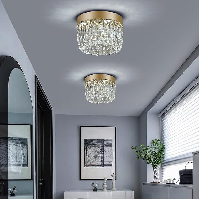 Deckrico Modern Crystal Chandelier Flush Mount Ceiling Light, 11.8" Gold LED Lighting Fixture for Bedroom Hallway Entryway Foyer