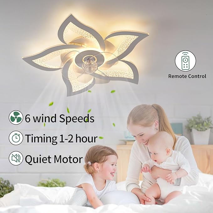 Ceiling Fan with Lights Remote Control, White Personalized Ceiling Fan with Light, 6 Speeds 3 Light Color Flush Mount Ceiling Fan for Kitchen Bedroom