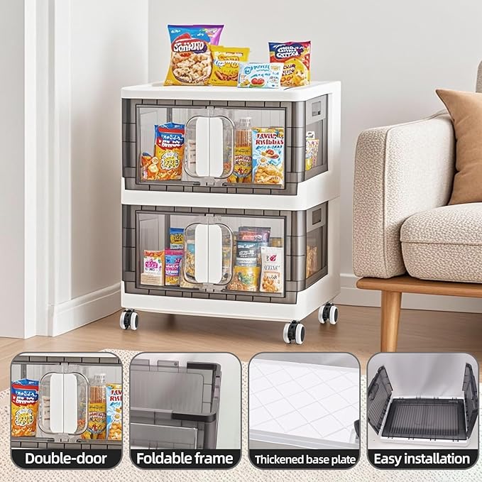Folding Storage Organizer with Silent casters | Stackable Design for Home & Office, Heavy-Duty Plastic Storage Bin with Clear Door, 3 Sizes (19.5/23.5/27.5in),Black/White (27.6" 5 layer, White)