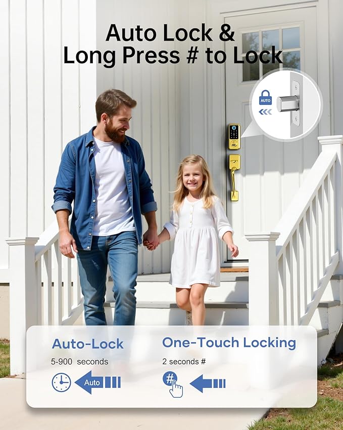 Hornbill Smart Lock for Front Door, Keyless Entry Door Lock with Handleset, Smart Deadbolt Lock for Home/New House, Auto-Lock, Brushed Gold