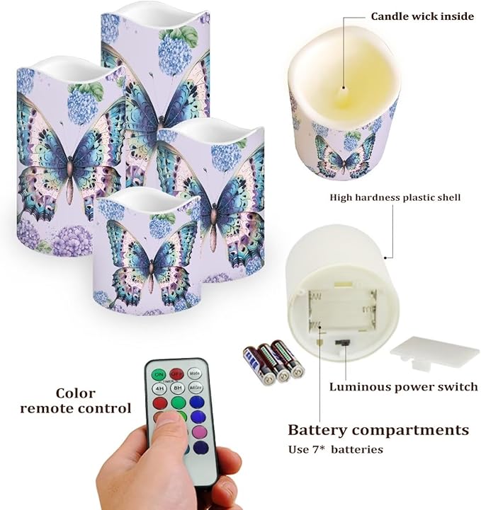 Butterfly Hydrangea Plastic Flameless Candles with Remote Control and Timer LED Flickering Battery Operated Color Changing Electric Pillar Candles Decoration