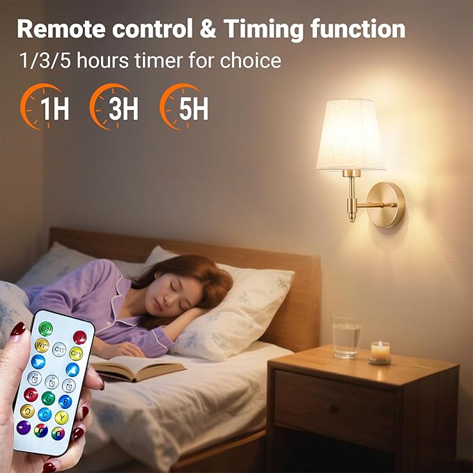 Battery Operated Wall Sconces Set of Two, Indoor Wireless Wall Mounted Lamp with 10000mAh Dimmable Bulb and Remote, RGB Colors Rechargeable Wall Light for Bedroom Living Room Decor