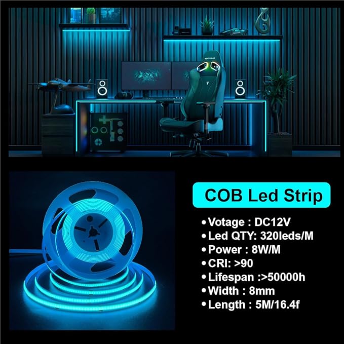 HAMRVL COB LED Strip Lights Ice Blue,16.4ft DC12V Dimmable LED Light Strip with 1600 LEDs, Touch Dimmer, 12V Adapter, Flexible Super Bright Indoor COB LED Lights for Cabinet Home DIY Lighting Projects