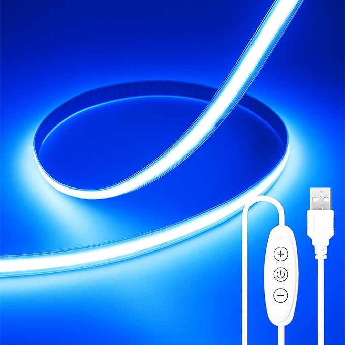 6.56FT/2M Blue COB LED Strip Light, USB Powered Cuttable LED Tape Lights, 640 LEDs High Bright CRI93+ Flexible Dimmable Lights for Bedroom TV Backlight Cabinet Decor