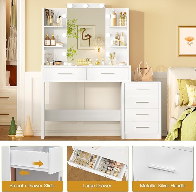 Quimoo 43.3" W Vanity Desk with Mirror and 9 LED Lights, Makeup Vanity with 6 Drawers, 6 Open Shelves, White Vanity for Women Girls, 43.3" W x 13.8" D x 54.3"