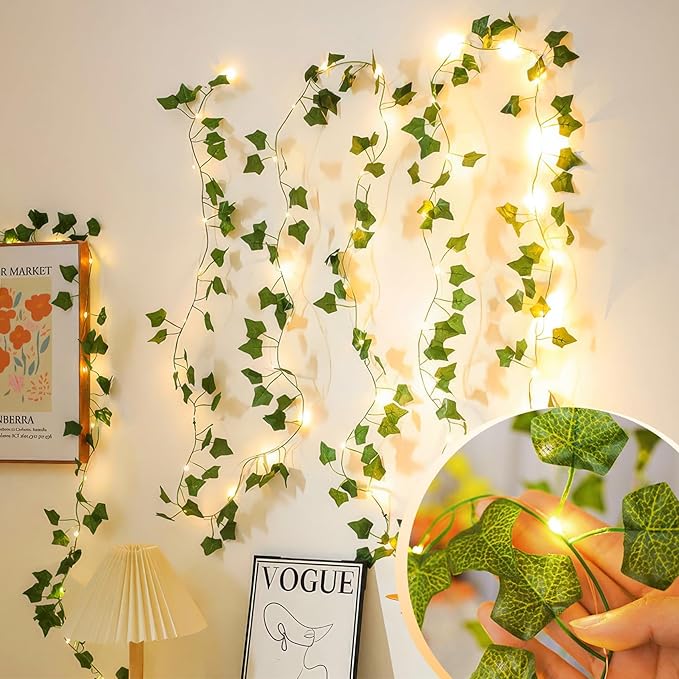 KASZOO 2 Pack 6.56 Ft Vine with Fairy Lights, 80LEDS Battery/USB Operated, Vine String Lights, Ivy Garlands with Fairy Lights for Bedroom Party Wall Room Hanging Decor