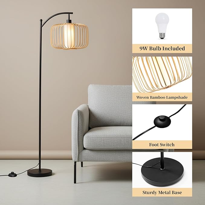 Floor Lamp for Living Room, Dimmable Standing Lamp Tall with Linen Shade Modern Floor Lamps Pull Chain Switch Reading Lamp for Living Room Bedroom Office Dining Room, 9W Bulb Included (Brown)
