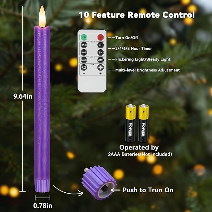 Purple Flameless Taper Candles with Remote, 3 Pack Flickering LED Candlesticks, Real Wax Battery Operated Christmas Window Candles for Winter Home Holiday Decoration