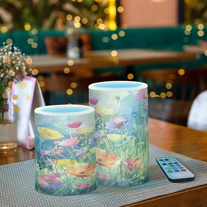 Watercolor Flower Pattern Flameless Candles Color Changing LED Candles with Remote Control Battery Candles for Outdoor and Indoor Home and Room Decoration, 3'' x 4''/5'' Set of 2 Pieces