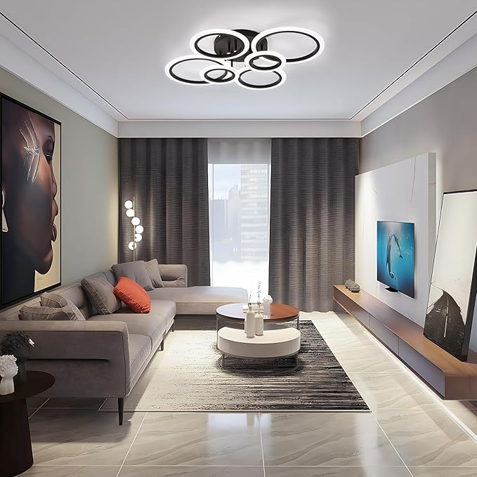Vikaey Modern LED Flush Mount Ceiling Light, 6 Rings Black Close to Ceiling Light Fixtures, Living Room Lighting Fixture Ceiling Lamp for Kitchen, Bedroom, Laundry Room, 4000K Not Dimmable