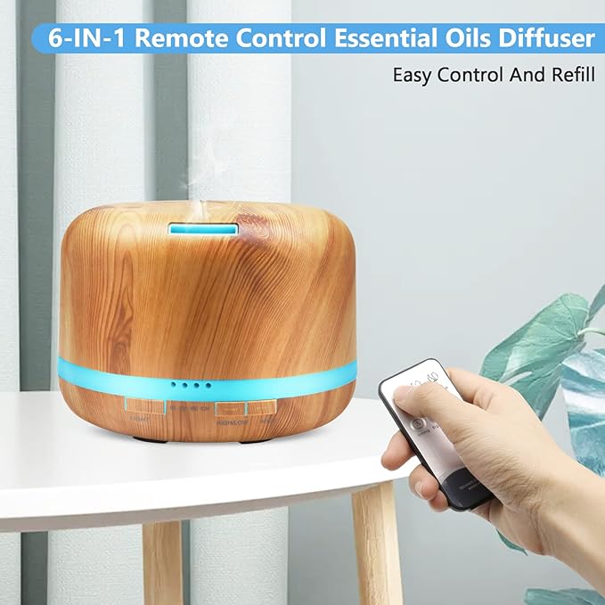 Essential Oil Diffuser, 500ml Aromatherapy Diffuser With Remote Control, DAROMA Ultrasonic Aroma Diffuser Nebulizing Cool Mist Humidifier, 7 Color Mood Lights & Waterless Auto-Off for Home Office Gift