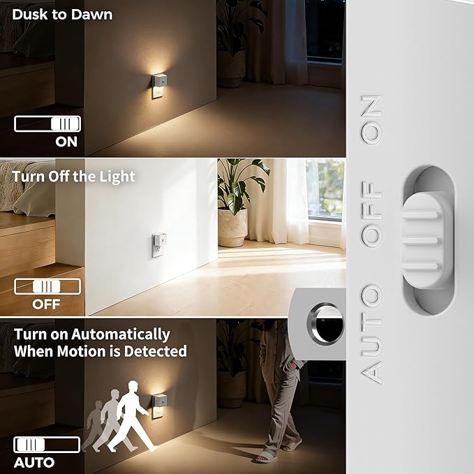 DORESshop LED Night Lights Plug into Wall [2 Pack], Motion Sensor Night Light Brightness Adjustable Motion Activated Nightlight with Dusk to Dawn for Bedroom, Bathroom, Hallway, 3000K, White