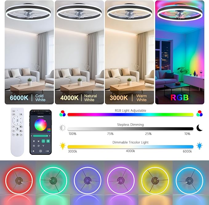 STERREN RGB Ceiling Fans with Lights, 15.7'' Modern Low Profile Ceiling Fan, Dimmable Flush Mount Ceiling Fan with Remote/APP Control, Small Fandelier for Bedroom, Living Room, Kitchen