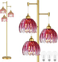 Pink Floor Lamp for Living Room,Bedroom,Gold Mid Century Modern Standing Lamp Brass Tree 3 Light Tall Floor Lamps Vintage Retro Floor Lights Glass Flower Lamp Shade Farmhouse Boho Bohemian
