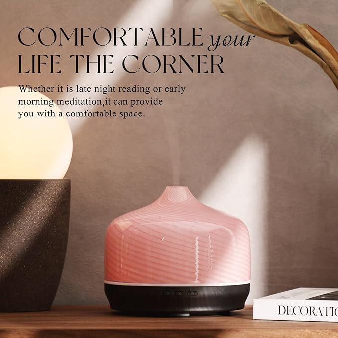Porseme 500ml Glass Essential Oil Diffuser Aromatherapy Ultrasonic Cool Mist Humidifier 15-21 Running Hours Waterless Auto-Off Air Diffusers for Sleeping Yoga Working Spa(Pure Pink)
