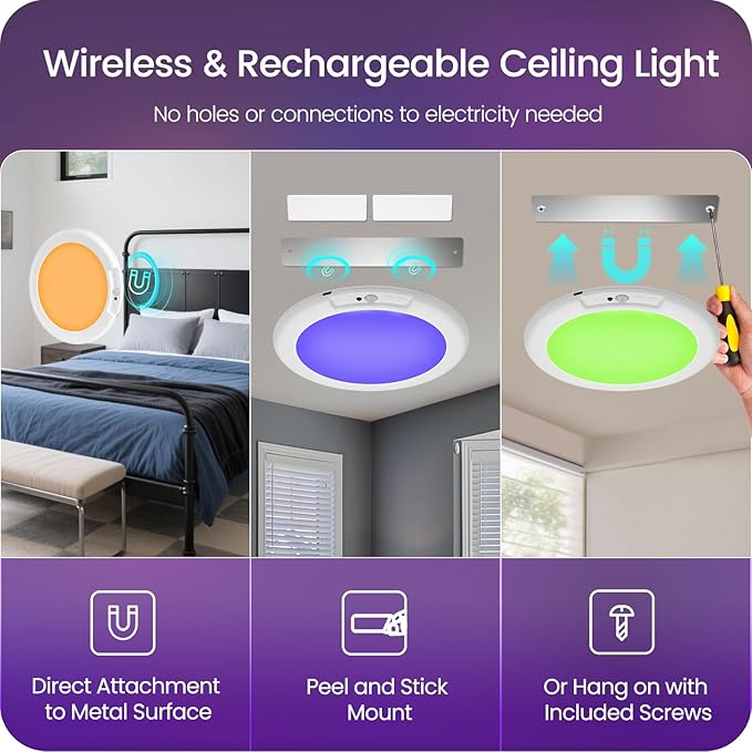 Motion Sensor Rechargeable Shower Light for Inside Shower with Remote, RGBW Battery Operated Ceiling Light, Wireless, Color-Changing Ambient Light, Warm-to-Cool Whites, Dimmable, Timer, Magnetic
