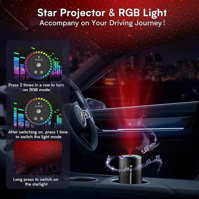 Smart Car Air Freshener, New Ultrasonic Car Diffuser, Star Projector & RGB Voice-Activated, 5S Full Odor Clean, 3 Mode & Auto On/Off, 50ML Refillable Scent Long Lasting Up to 135 Days - Ocean