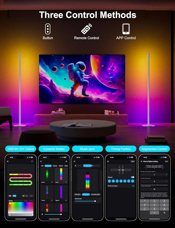 White Corner Floor Lamp Pair, RGB IC Corner Lamps with APP & Remote Control, 16 Million Colors, Timing, Color Changing Ambient Lighting for Living Room Bedroom Gaming (Share One Adapter)