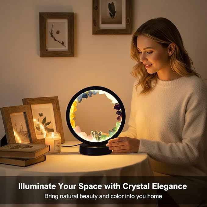 AMOYSTONE Natural Chakra Crystal Night Light with USB, Mixed Stones Round Meditation Lamp with 3-Color Control for Bedroom, Office & Home Decor (Push Button Switch)