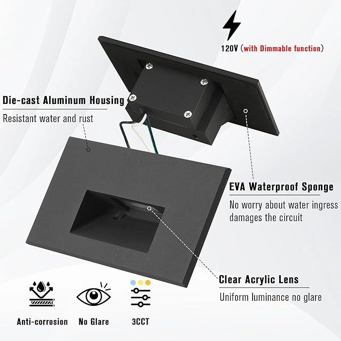 Outdoor Step Lights Indoor Stair Lights, LED 120V Dimmable, 3000K/4000K/5000K 3 Color Selectable, 4W IP66 Waterproof Deck Lights for Steps, Black Horizontal, 3-Pack