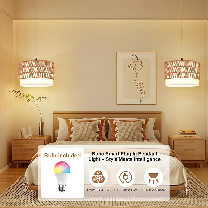 Hanging Lamp Plug in Pendant Light, 15FT Hanging Lights with Plug in Cord, Hanging Light with Bulb and Remote, Hanging Lamps for Bedroom, Living Room, Kitchen, Farmhouse