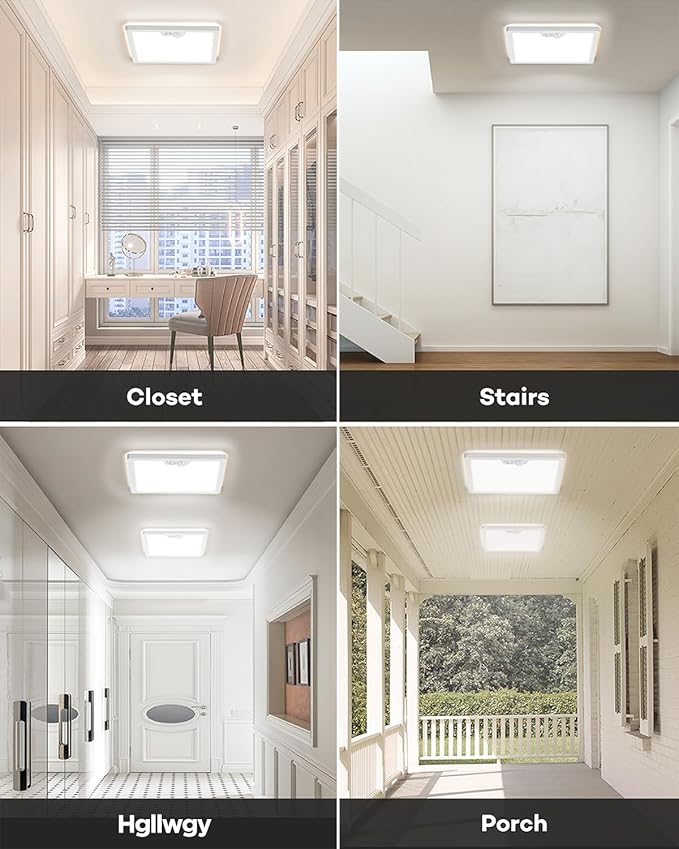 12in Motion Sensor Ceiling Light Wired, 3000K 4000K 5000K Selectable, 24W Flush Mount Square Motion Ceiling Light with 3 Timer for Closet Porch Stairs Hallway, White