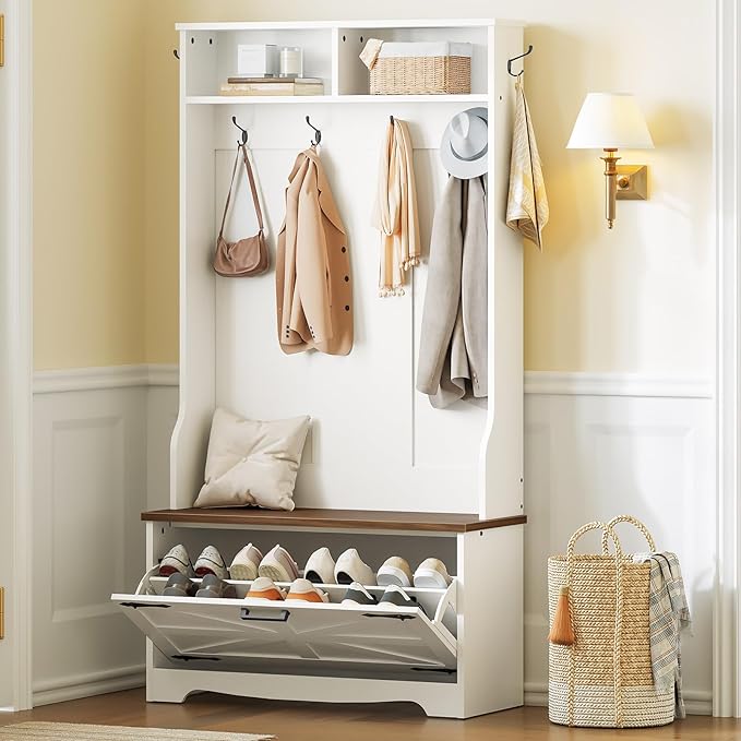 HOOBRO Hall Tree with Bench, Entryway Bench with Coat Rack and Shoe Cabinet, Flip Drawers, Farmhouse Hall Tree with Shoe Organizer, Mud Room, White and Walnut WH85MT01