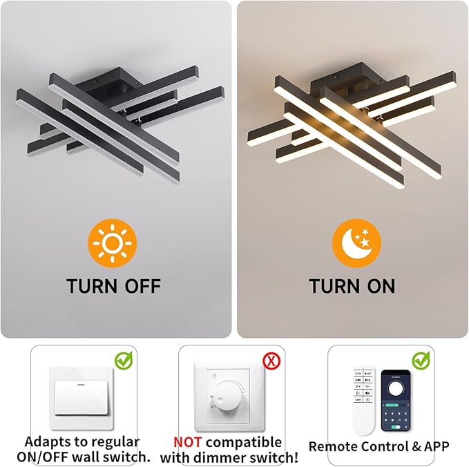 Modern LED Ceiling Light with Remote, Dimmable 21-inch Ceiling Lights for Bedroom Living Dining Room Kitchen, Black Flush Mount Ceiling Light Fixture LED Chandelier Ceiling Lamp (6-Light)