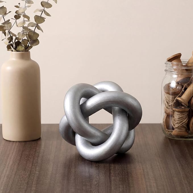 3 Link Wood Knot Decor Rustic Home Décor Accents Hand Carved Coffee Table Decoration, Boho Chain Link Decoration, Modern Shelf, Rustic Objects for Home Living Room Bedroom (Silver)