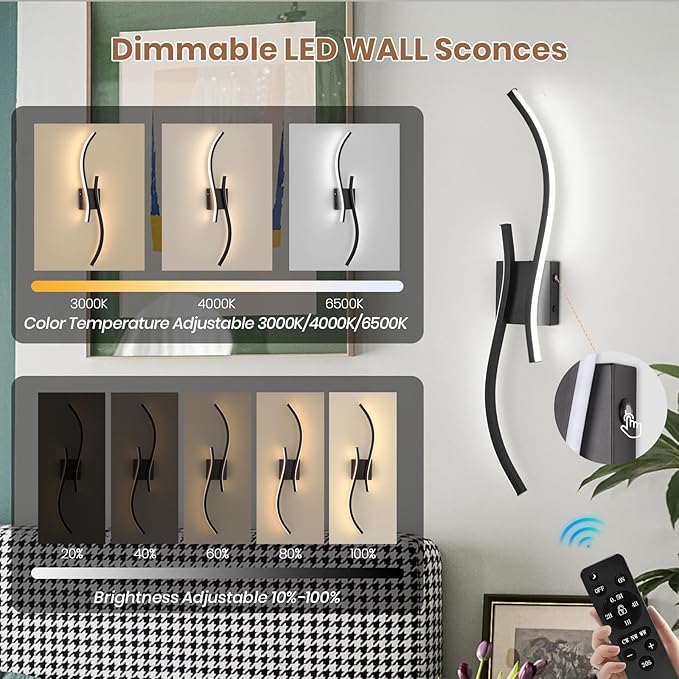CANEOE Battery Operated Wall Sconces with Remote Control,10000mAh USB Rechargeable Black Wall Light,3000K-6000K LED Wireless Wall Lamp for Bedroom,Hallway,Background Wall,31.5inch,1 Pack