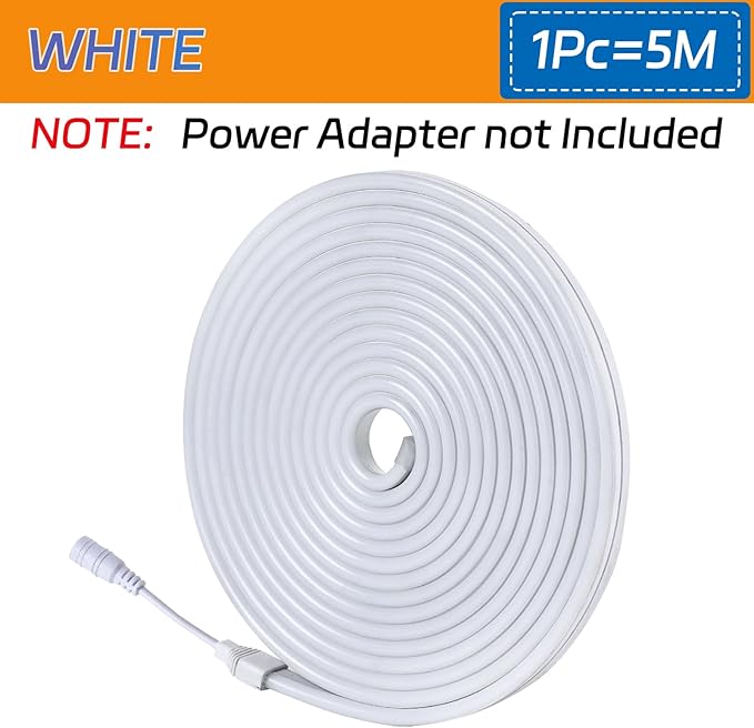White Neon Led Strip Lights, 16.4ft/5m, 12V 6500K Cool White Flexible Silicone Led Strip Lights IP65 Waterproof Led Neon Rope Lights for Kitchen Bedroom Indoor Outdoor Decoration (No Adapter)
