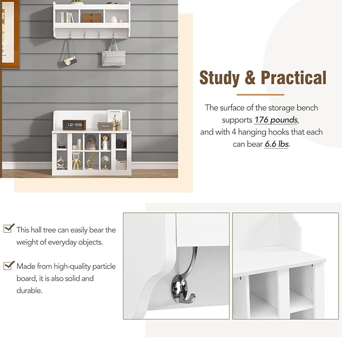 Contemporary Shoe Storage Bench with Wall Mounted Coat Rack, Elegant Hall Tree for Entryway, Mudroom, White