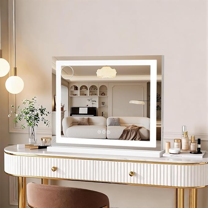Vanity Mirror with Lights 23"x19", LED Makeup Mirror, 3 Color Lighting Modes, 10X Magnification, Smart Touch Control, Dimmable, Aluminum Metal Frame, Lighted Up for Vanity Desk (White)