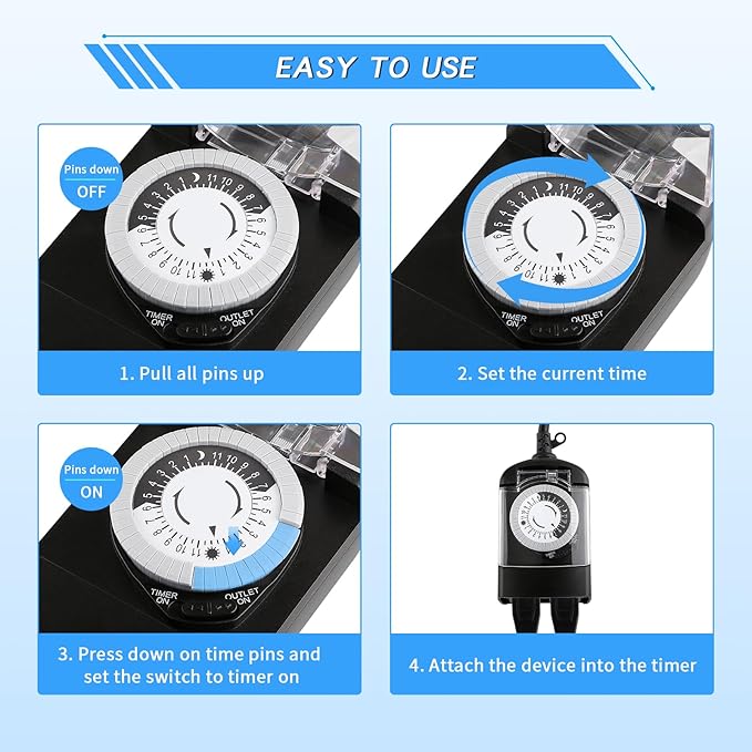 Outdoor Timer Outlet Waterproof, 24 Hour Mechanical Timer Outlet for Home and Garden, 2 Grounded, 15A 3/4HP, Black, 1 Pack