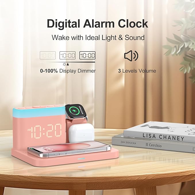 ANJANK 5 in 1 Wireless Charging Station with Alarm Clock,7 Night Light & 0-100% Dimmer,Qi Mag-Safe Charger Stand for Apple Devices - for iPhone 17 16 15 14 13 12 Pro Max Plus Air,Apple Watch,Airpods