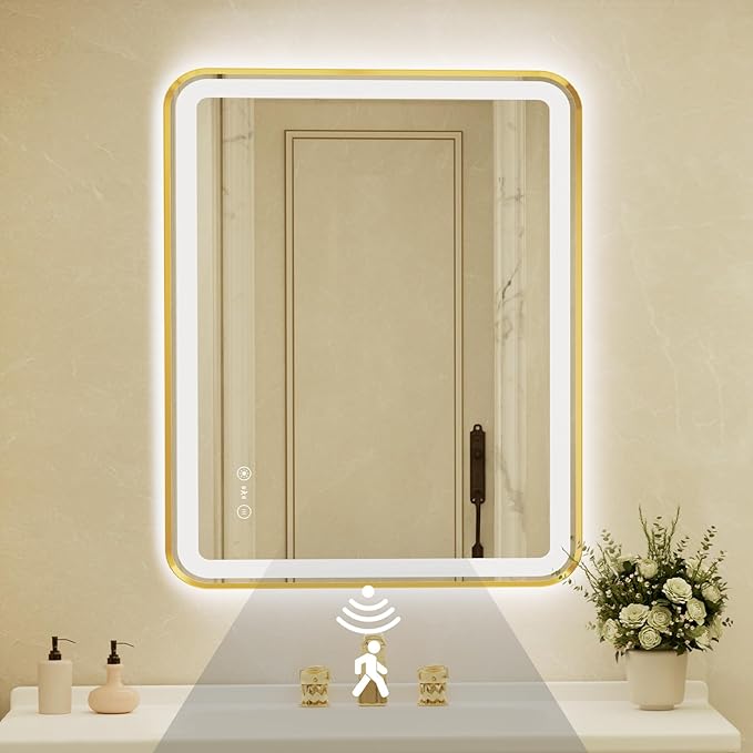 28x40 Inch Gold Framed LED Bathroom Mirror with Lights,Smart Bathroom Mirror,Motion Sensor,Tempered Glass,Anti-Fog,Stepless Dimmable & 3 Colors,Memory,Vanity Mirror for Wall