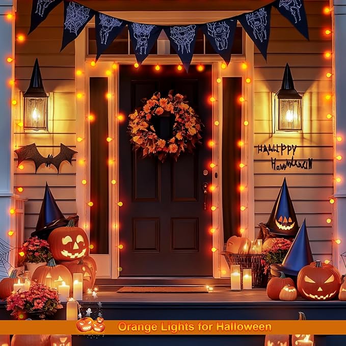JMEXSUSS 100 LED Orange Globe String Lights Battery Operated, 33ft 8 Modes Indoor Christmas Lights with Remote, Battery Powered Fairy Lights Outdoor for Room Bedroom Party Patio Yard Decor