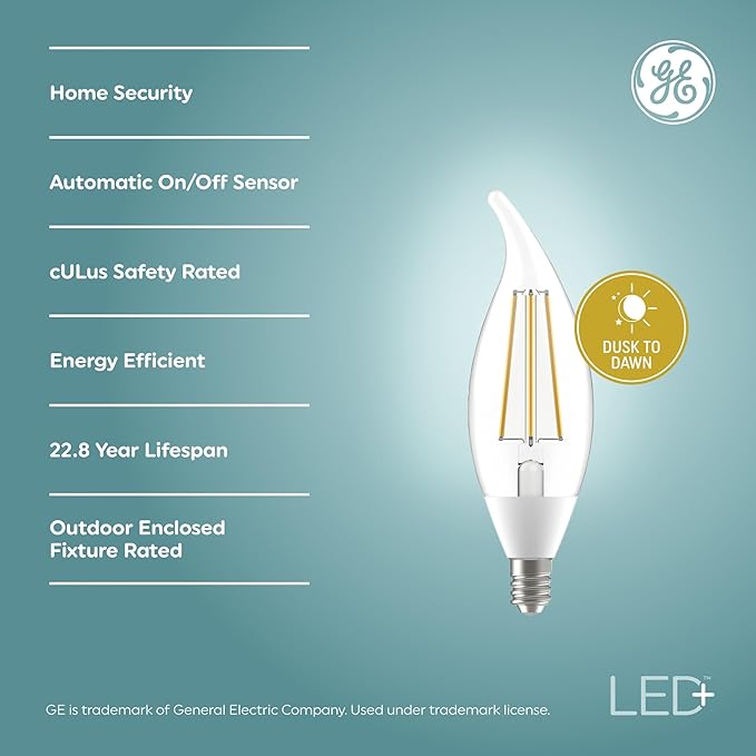 GE LED+ Dusk to Dawn LED Light Bulbs, Automatic On/Off Outdoor Security Lights, Soft White, E12 Candelabra Base (2 Pack)