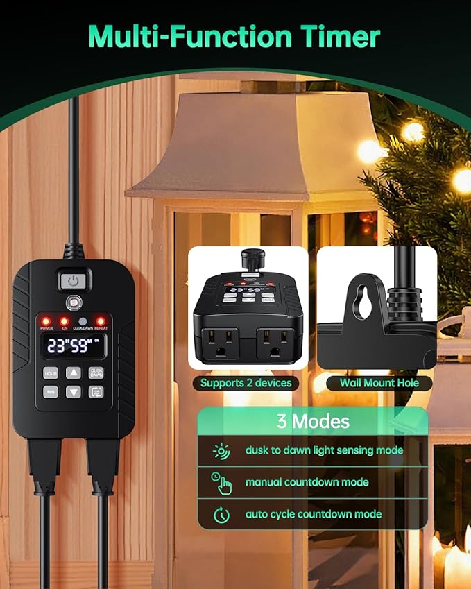 Outdoor Light Timer Waterproof, Remote Control Dusk to Dawn Sensor Timer, 100 FT Range, Plug in, 2 Outlets Digital Timer Switch for Home and Garden, 15A/1875W