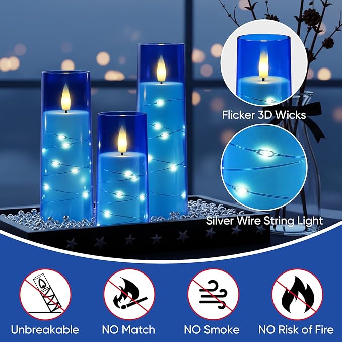 Raycare Flameless Candle with Remote Timer – 9 Flickering Acrylic Battery Operated LED Pillar Candles with Embedded Star String for Christmas, Home Decor, and as a Gift (Blue)