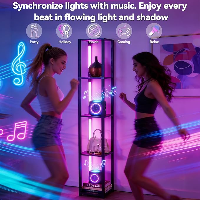 RGBCW Floor Lamp, LED Smart Modern Floor Lamp with Music Sync, Color Changing Corner Display Shelf Lamp, Square Standing Lamp with Shelves for Living Room and Bedroom, Office, Black