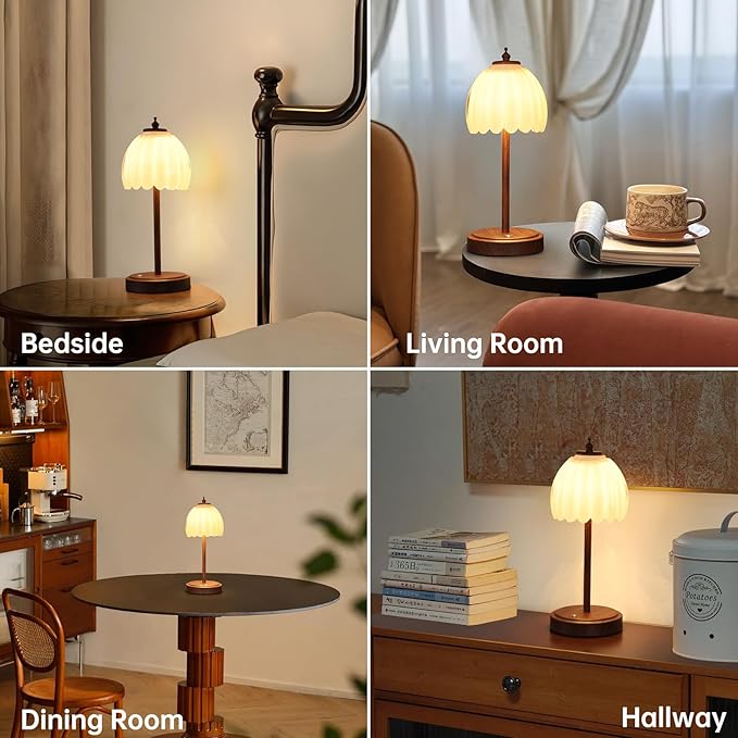Tulip Table Lamp with 5200mAh Battery & Touch Control, Small Cordless Table Lamp with 3 Colors, Rechargeable Battery Operated Table Lamps for Bedroom, Desk, Bedside (White-Walnut Color)