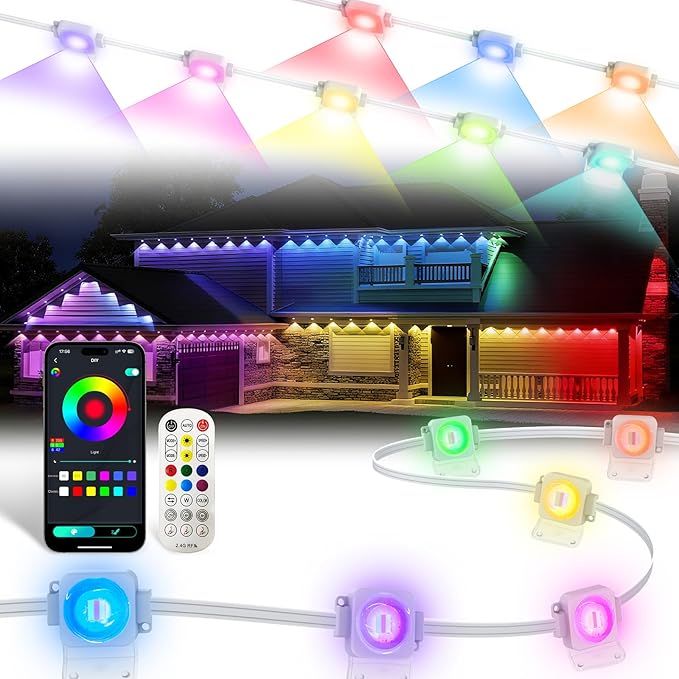 Permanent Outdoor Lights for House,100FT RGB IC Smart Permanent Eave Lighting with App/Remote Control,IP67 Waterproof,Music Sync,DIY Color Scenes,Year-Round Eaves Lighting for House Roof Decor
