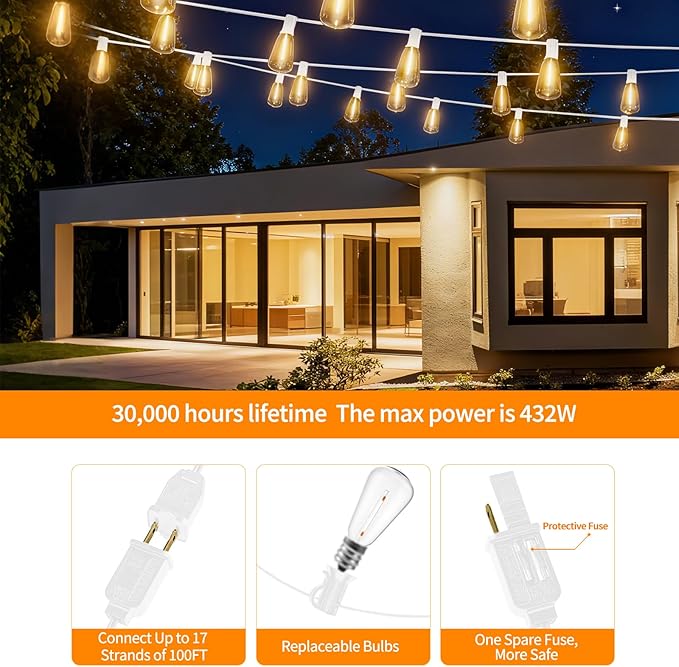 LED Outdoor String Lights 100ft ST38 White Waterproof Patio Lights with 50 Vintage Shatterproof Bulbs(3 Spare), Dimmable Outside Hanging Edison String Lights for Backyard Porch Balcony, Warm White