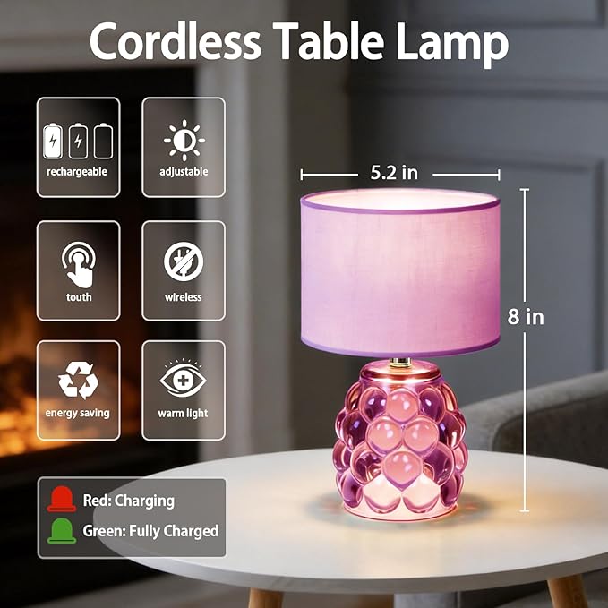 MJ PREMIER Rechargeable Table Lamp Dimmable Purple Cordless Lamps with 3 Color Wireless Portable Battery Operated LED Desk Lamp with USB-C for Bedroom, Nightstand, Office, Emergency Light