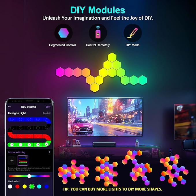 Hexagon LED Lights 20 Pack - RGB Wall Panels with Music Sync, Smart App & Remote Control, DIY Modular Hex Light for Gaming Room, Bedroom, Living Room, Wall Decor