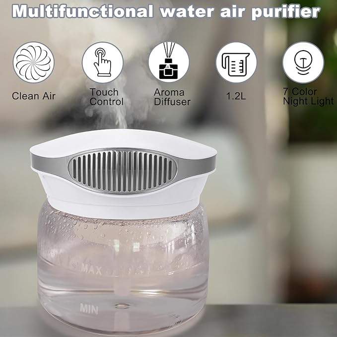Water Air Purifiers for Home, Variable Speed Air Washer Aroma Diffuser, Quiet Rainbow Air Purifier with Water, Air Washer, Essential Oils Fresher With Night Light for Home, Bedroom, Grey