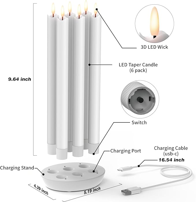 Patiphan Rechargeable Flameless Taper Candles with Charging Station, 6 Pcs Real Wax LED Taper Candles Flickering with Remote&Timer, 3D Flame Candlesticks for Home Wedding Christmas Decor (White)