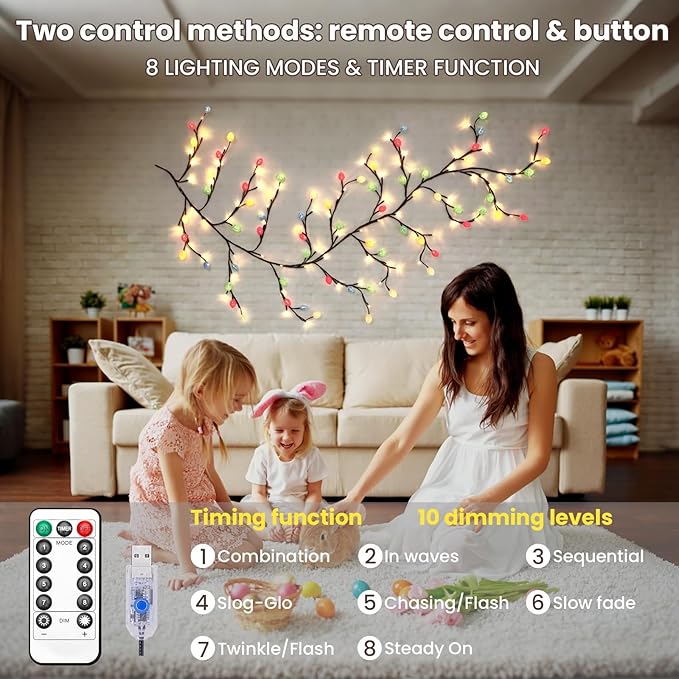 Easter Egg LED Tree Branch Lights for Wall,Easter Egg Willow Vine Twig Decor,USB Interface,with 48 LED Lights and Remote,8 Lighting Modes,for Home,Walls,Doors Windows (47inch)