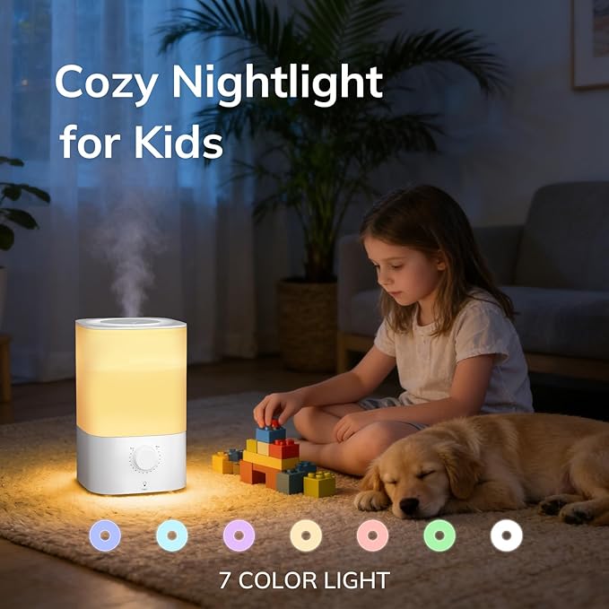 ZAFRO 3.2L Cool Mist Humidifier for Bedroom, 7 Color LED Night Light, Top Fill Design & Multiple Mist Levels, 24 dB Quiet Ultrasonic Comfort Humidifiers, White, Konb Control